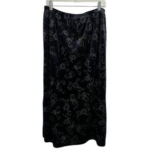 Vintage Y2K Black Velvet Maxi Skirt L Silver Metallic Floral Whimsigoth Grunge